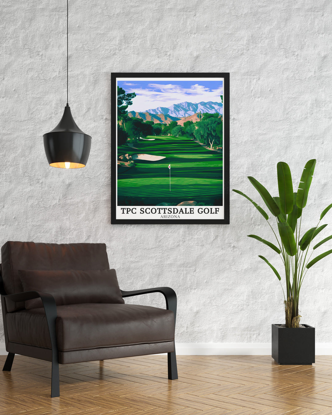 TPC Scottsdale fairways wall poster captures the meticulous design of this famous golf course. With its lush green fairways set against the stunning backdrop of the McDowell Mountains, this artwork is perfect for any golf enthusiast or Arizona lover.