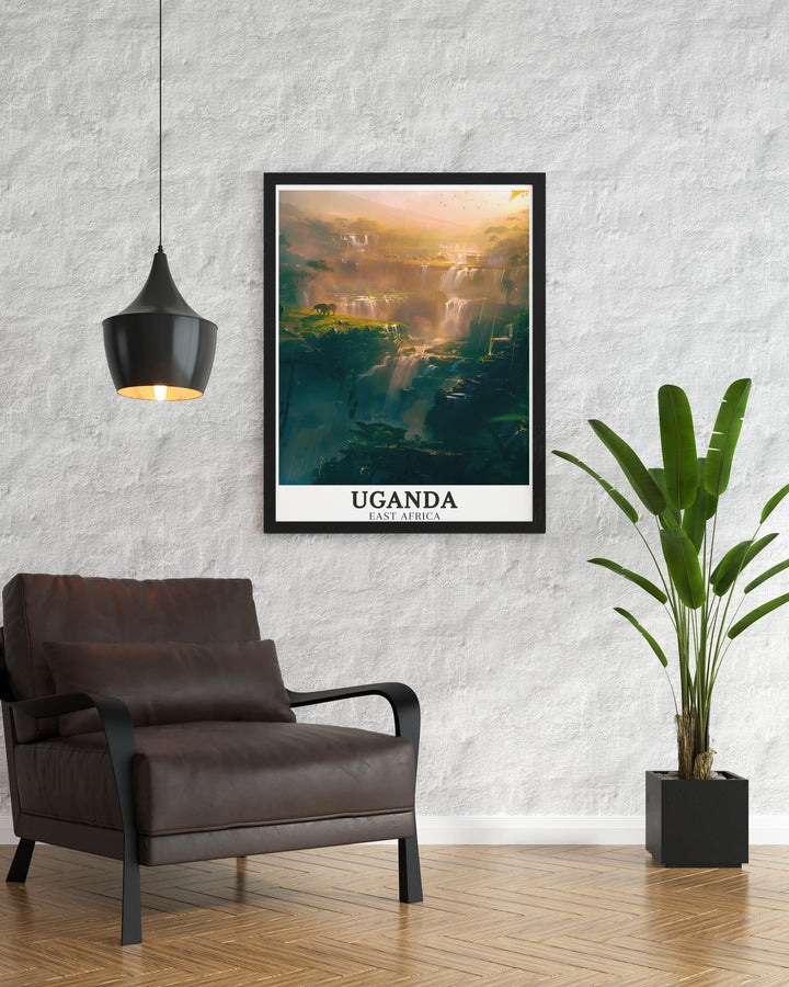 Victoria Nile travel art showcasing the lush landscapes and tranquil flow of Ugandas iconic river. Perfect for adding a touch of natural beauty to your home decor. Celebrate Ugandas rich culture and stunning landscapes with our meticulously crafted artwork.