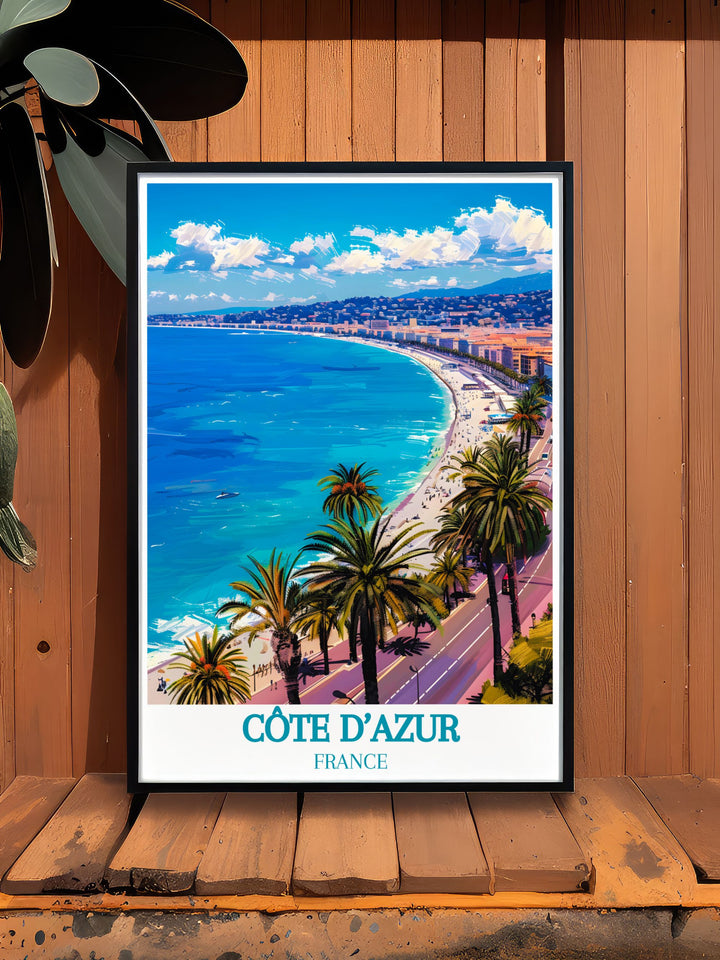 Canvas art of the Promenade des Anglais in Nice, Côte dAzur, France, featuring the stunning views of the Mediterranean. This piece captures the charm of the boulevard, clear waters, and vibrant street scenes, making it a perfect addition to any nature inspired decor.