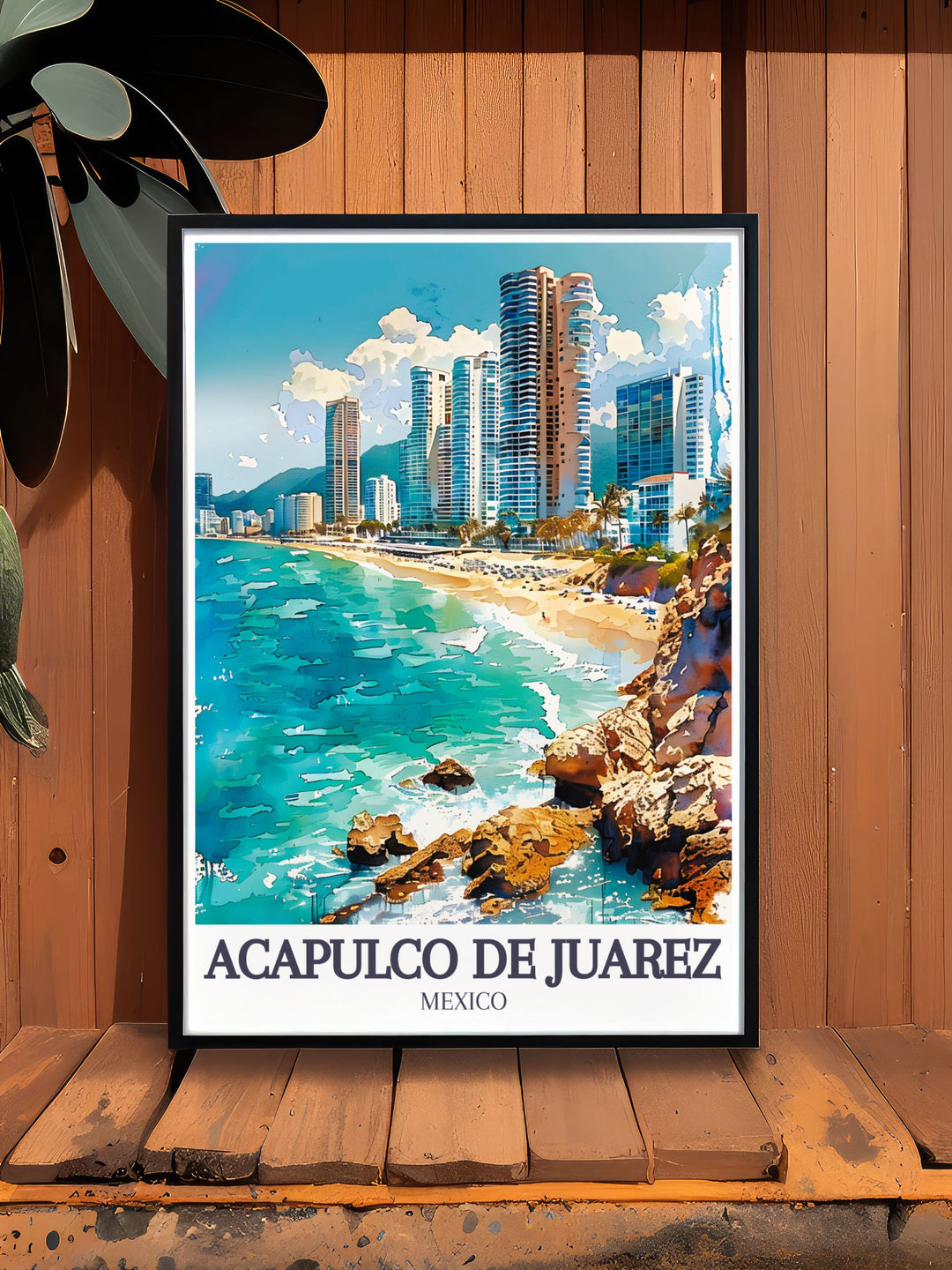Acapulco Bays tranquil waters and the architectural beauty of Las Torres Gemelas are captured in this vibrant travel poster, showcasing Acapulco de Juárez.