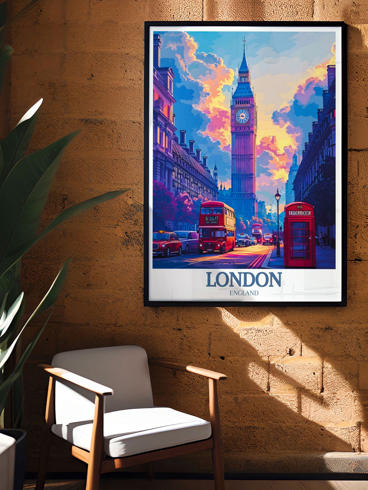 Detailed artwork of Big Ben and London Eye featuring the grandeur and charm of Londons iconic structures. This framed print adds sophistication and elegance to any living space with its stunning and vibrant portrayal