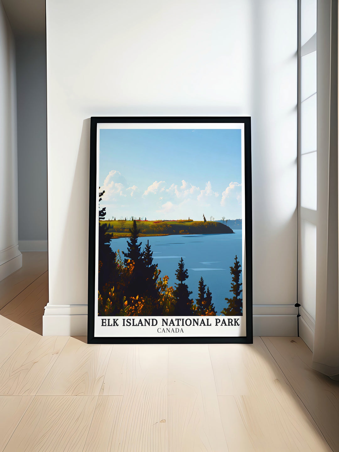 Elk Island National Park travel print featuring Astotin Lake, showcasing the tranquil waters and lush landscapes of this Canadian wilderness. Perfect for nature lovers, this artwork brings the serene beauty of Albertas national park into your home decor.