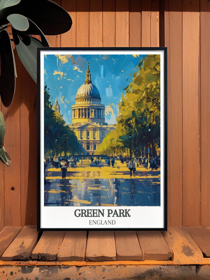 Beautiful artwork of Constitution Hill and Green Park London capturing the lush greenery and royal landmarks of this iconic area perfect for London art gifts and home decor enthusiasts.