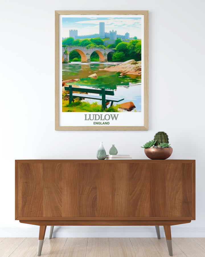 Bring the historic charm of Ludlow into your home with this Dinham Bridge travel print. Ideal for lovers of English history and natural landscapes, this art piece offers a peaceful and timeless view of Ludlows scenic beauty.