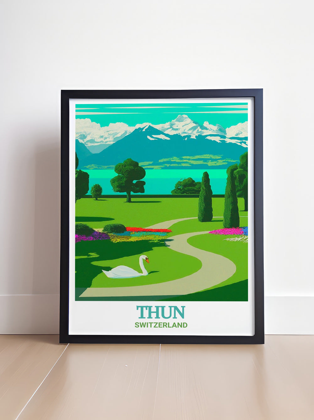 Lake Thun Canvas Print showcasing the elegance of Schadau Park, with its lush gardens and lake views. A stunning addition to any space, celebrating the beauty of Switzerland.