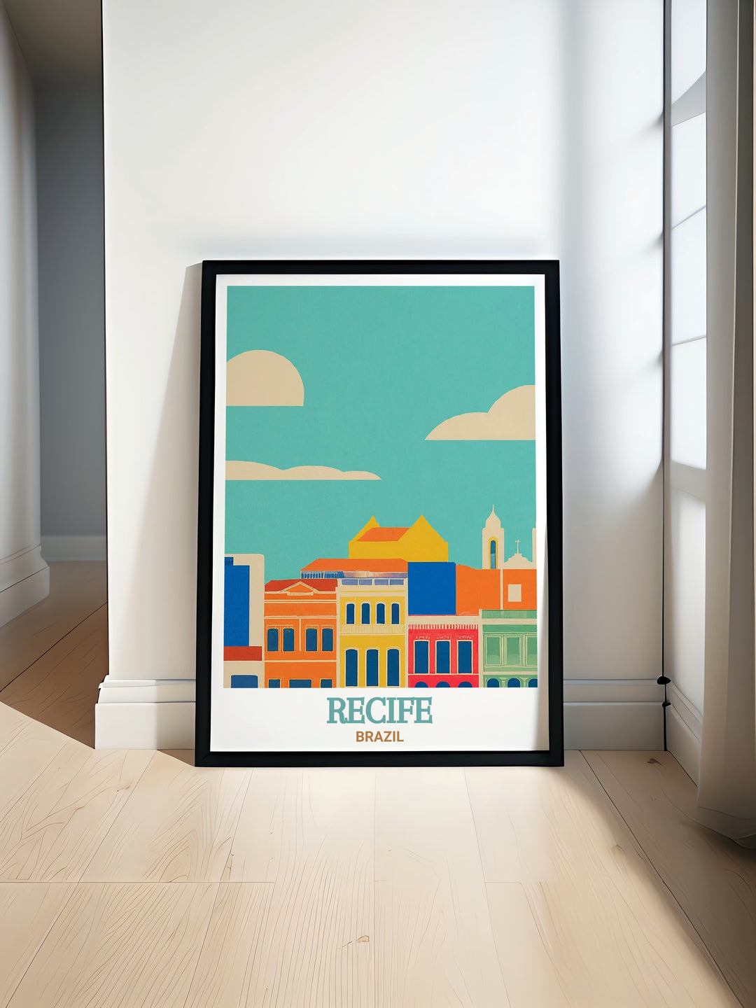 Brazil wall art featuring Recife Antigos iconic colonial buildings and lively atmosphere. The print perfectly encapsulates the heart of Recife, making it an ideal piece for anyone interested in Brazils cultural legacy and architectural beauty.