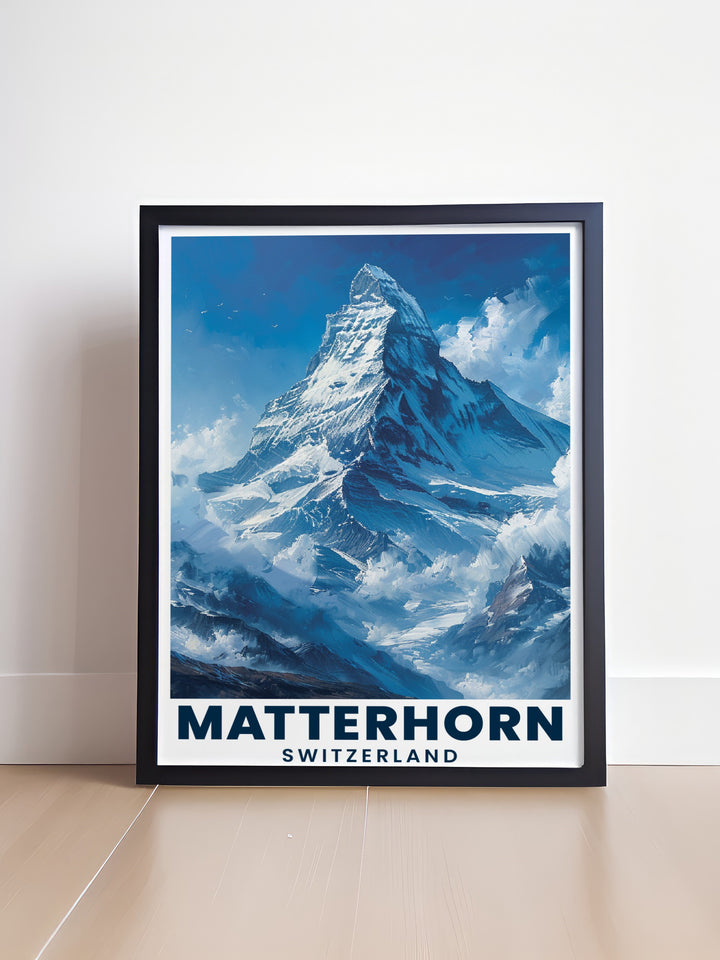 Matterhorn Snowboarding Poster highlighting the stunning Swiss Alps with detailed mountain artwork perfect for elegant wall art and gifts