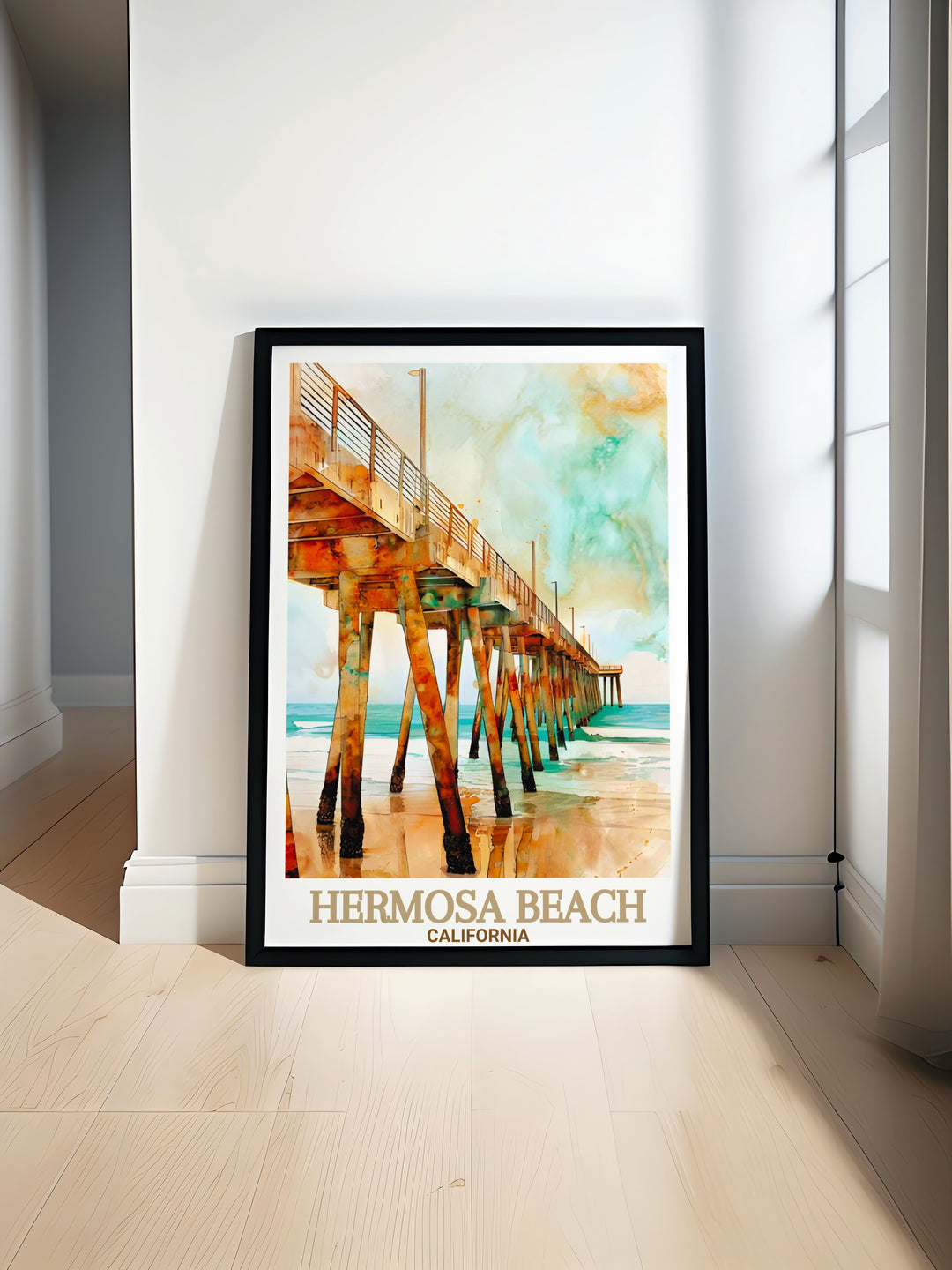 Hermosa Beach Pier at sunset, captured in a beautiful poster print. This travel art piece brings the calm, relaxing vibes of the California coast into your home and is perfect for beach lovers looking to enhance their décor with coastal flair.