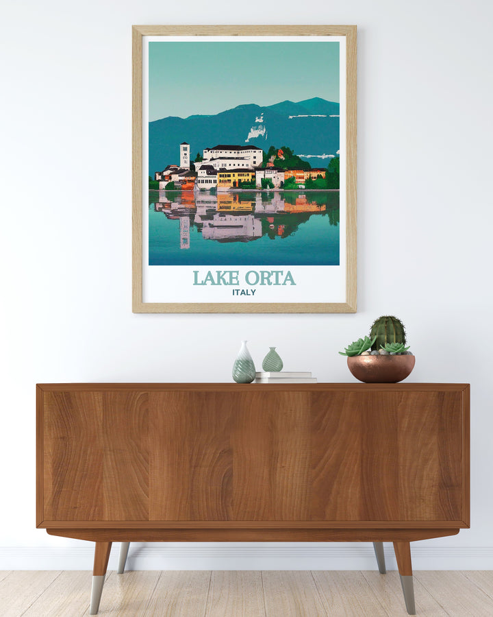 With its soft hues and detailed design, this Lake Orta and San Giulio Island art print transports you to one of Italys most peaceful lakes. Perfect for Italy enthusiasts and art lovers, this poster brings the serene beauty of Piedmont into any space.