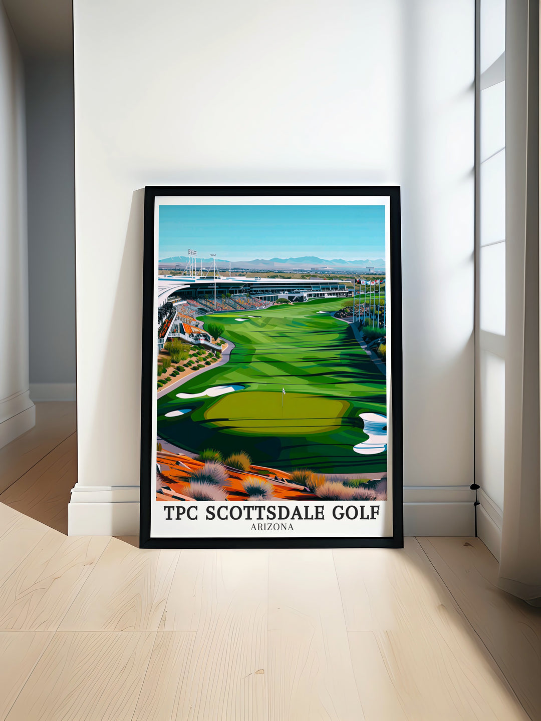 TPC Scottsdale framed art showcasing the natural beauty of the Sonoran Desert alongside the pristine fairways of the golf course. This artwork is ideal for golf lovers and anyone who appreciates Arizonas stunning desert scenery.