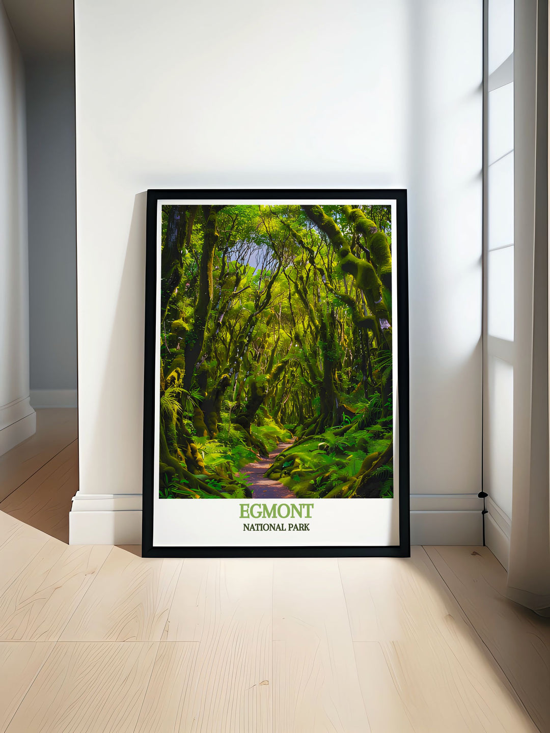 A detailed illustration of Egmont National Park, highlighting the lush Goblin Forest and the majestic Mount Taranaki, perfect for nature lovers.