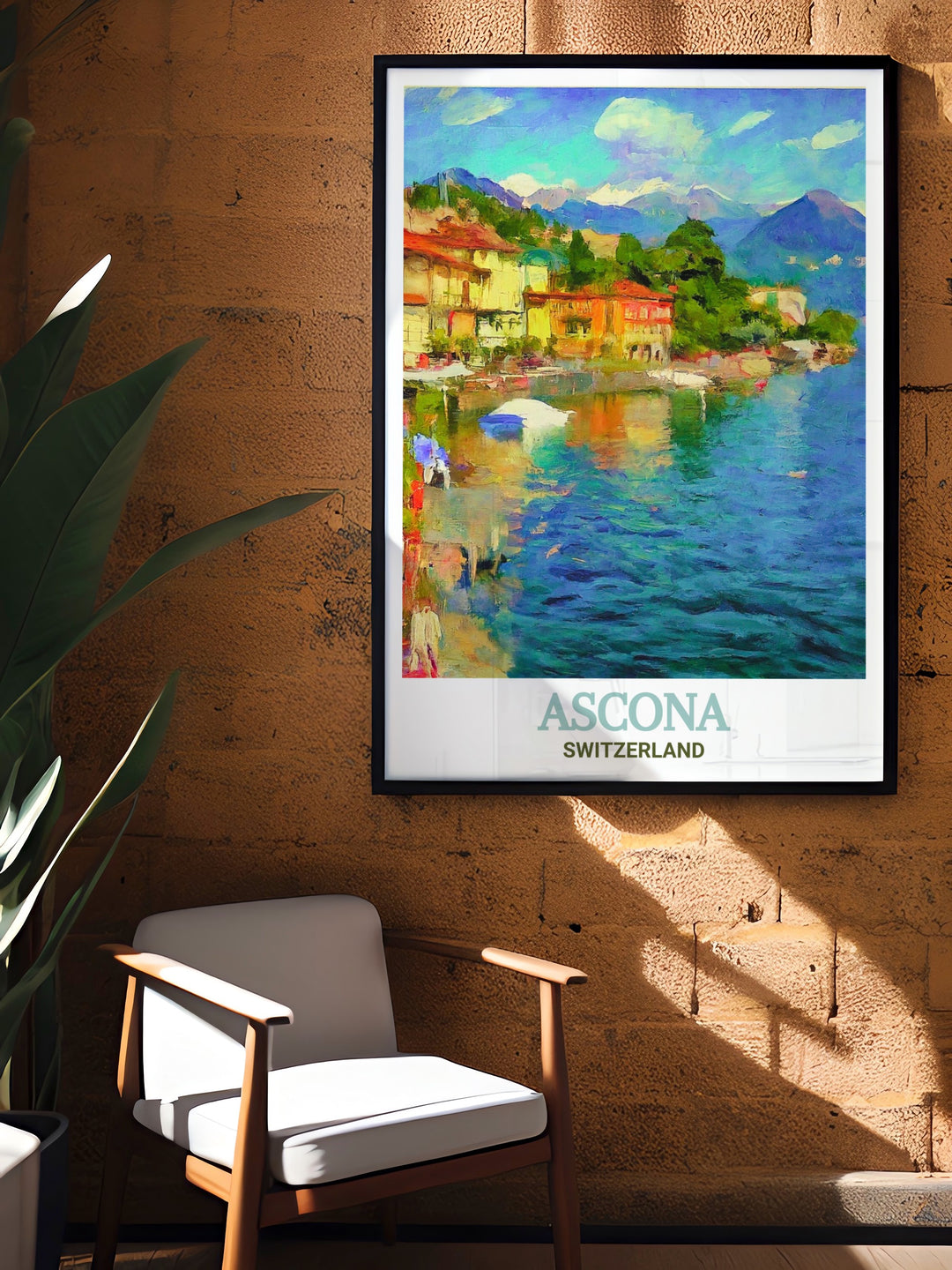 Detailed Ascona framed art capturing the Promenade Lungolagos picturesque lakeside charm, a beautiful Swiss destination that combines rich history and modern day elegance. Perfect for creating a calming ambiance in your living space, this artwork brings Switzerlands natural beauty to life.