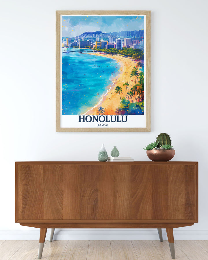 This Waikiki Beach poster print captures the stunning Hawaiian coastline with the iconic Diamond Head Crater in the background and the Aloha Tower standing tall. Perfect for anyone who loves tropical destinations and Hawaiian culture, this print brings paradise into your home.