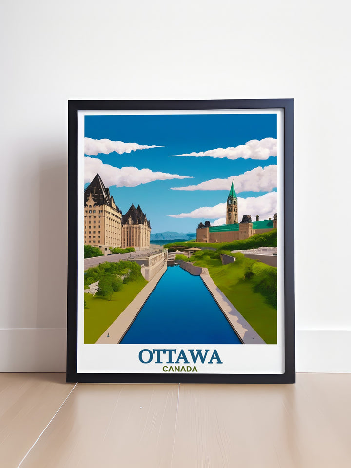 Rideau Canal wall art in a stunning Ottawa Painting. This artwork captures the intricate details of Rideau Canals architecture and the surrounding cityscape making it a great addition to any art collection or home gallery.