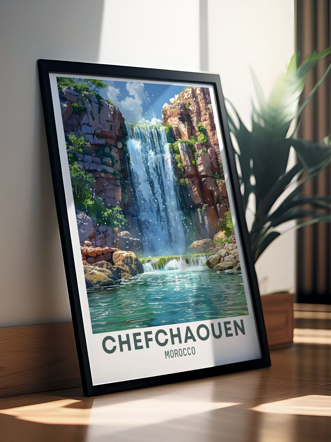 Experience the magic of Chefchaouen with this stunning travel poster. Highlighting the towns famous blue alleyways and bustling markets, this poster is ideal for those who love Moroccan culture and picturesque landscapes. Add a touch of Chefchaouens beauty to your home decor.