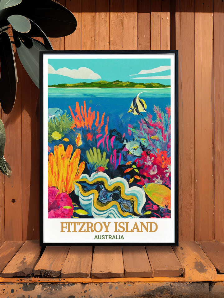 Fitzroy Island vintage poster highlights the natural beauty of this Australian paradise, from its tropical rainforests to the vibrant coral reefs of the Giant Clam Gardens. This canvas print is perfect for adding a splash of color to any room or as a thoughtful gift.