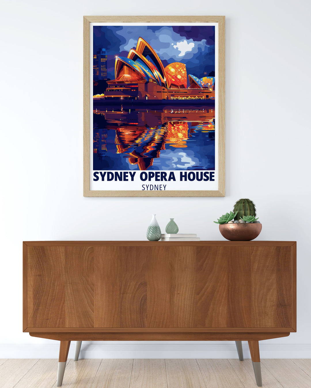 Vintage poster of Sydney Opera House with vibrant colors and nostalgic design showcasing one of the worlds most famous architectural landmarks perfect for art collections