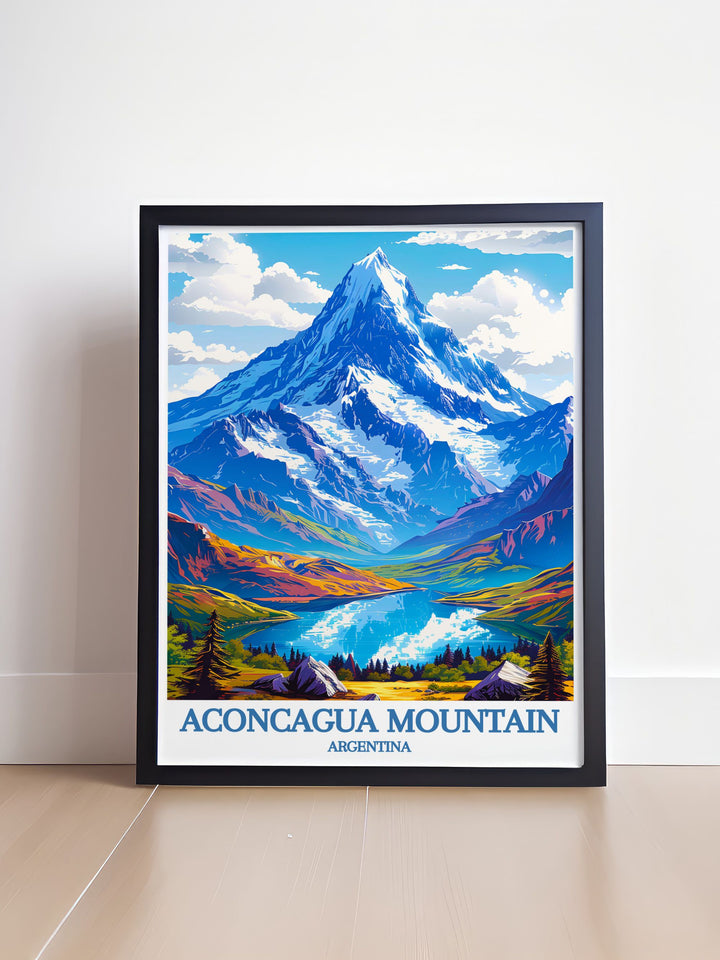 Featuring the majestic Aconcagua Mountain this retro travel poster highlights the breathtaking beauty of Mendoza Argentina and the Andes Range.