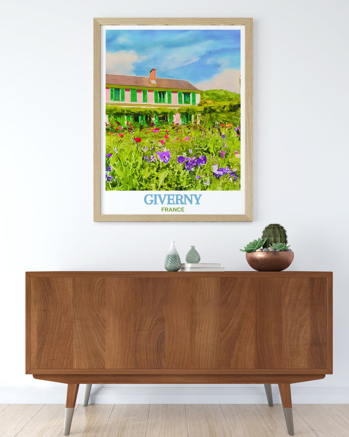 Bring the charm of France into your home with this Giverny poster. The travel print features Claude Monets House and Gardens, capturing the vibrant colors and peaceful atmosphere that inspired the famous artist.