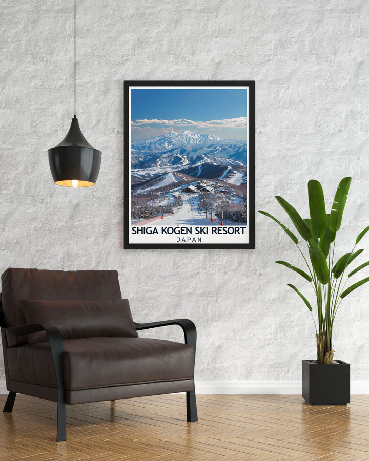 This vintage inspired poster of Shiga Kogen Ski Resort captures the dynamic atmosphere and scenic beauty of skiing in the Japanese Alps, offering a glimpse into one of Japans top winter destinations.