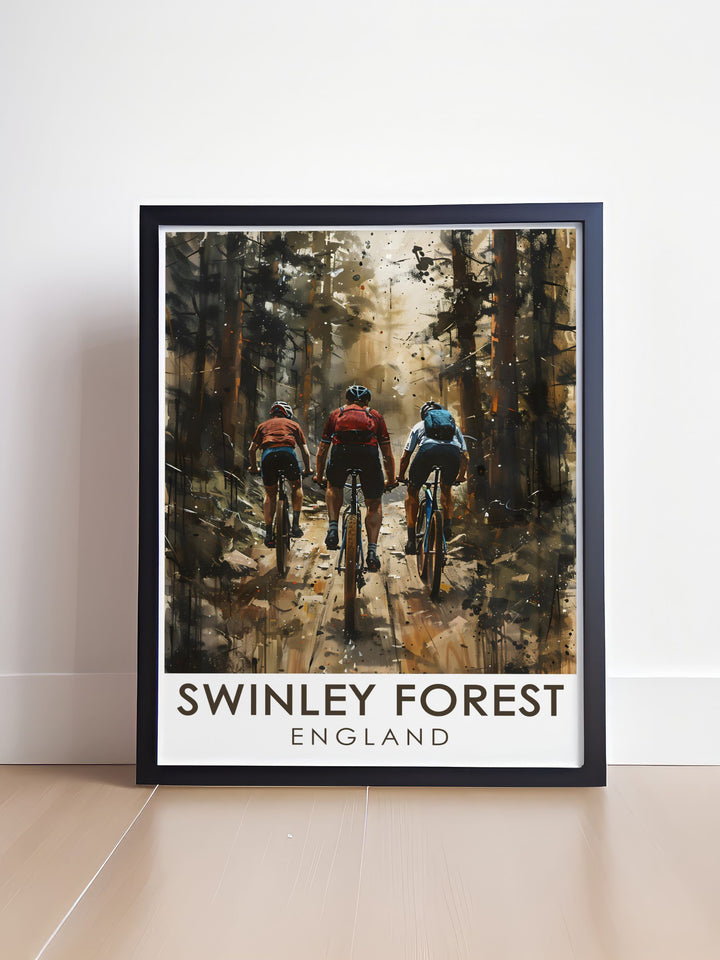 Mountain Bike Trails framed print highlighting the beauty of Swinley Forest and its cycling paths. This modern decor piece offers a striking way to bring the outdoors inside adding vibrant energy to any room for lovers of biking and adventure.