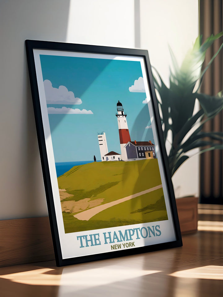 This New York poster combines The Hamptons skyline with the historical Montauk Point Lighthouse, offering a unique blend of modern coastal art and vintage style. The travel prints calming colors and map details make it a standout piece for any home or office.