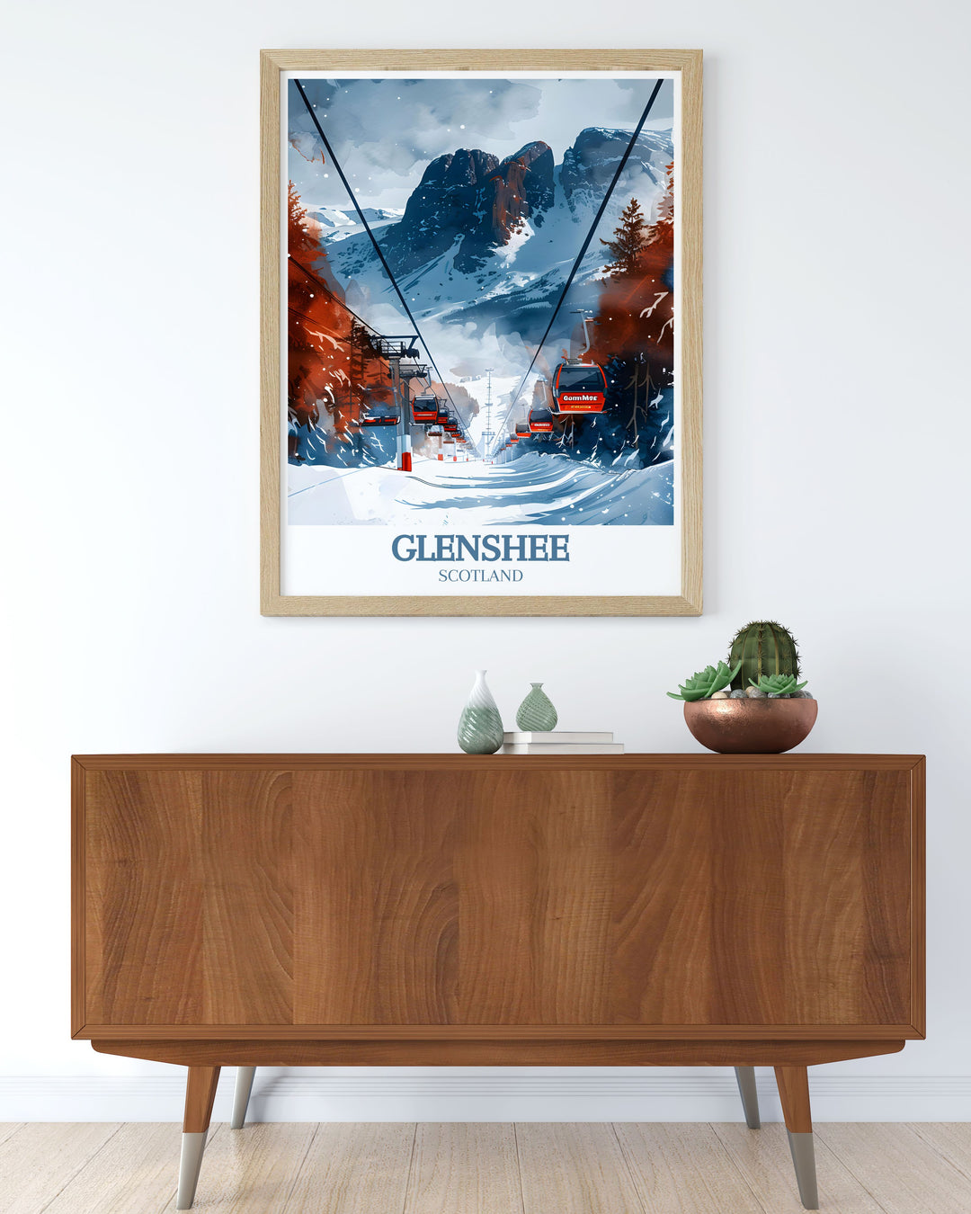Add a touch of adventure to your home with this travel poster of Glenshee Ski Resort. The vibrant colors and intricate details highlight the resorts snow covered trails and dynamic atmosphere, making it a stunning focal point for any room.