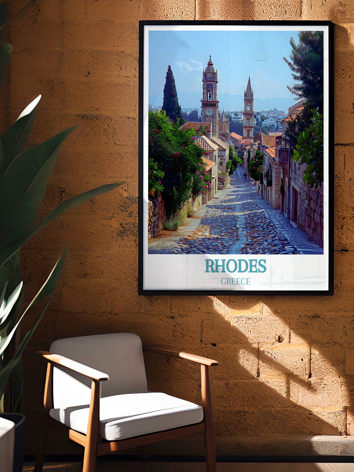 Rhodes Old Town UNESCO World Heritage Site Modern Art reflects the timeless beauty and historical significance of Rhodes Greece. This print offers an elegant touch to any room and serves as a great gift for art lovers and those interested in Greek heritage and travel.