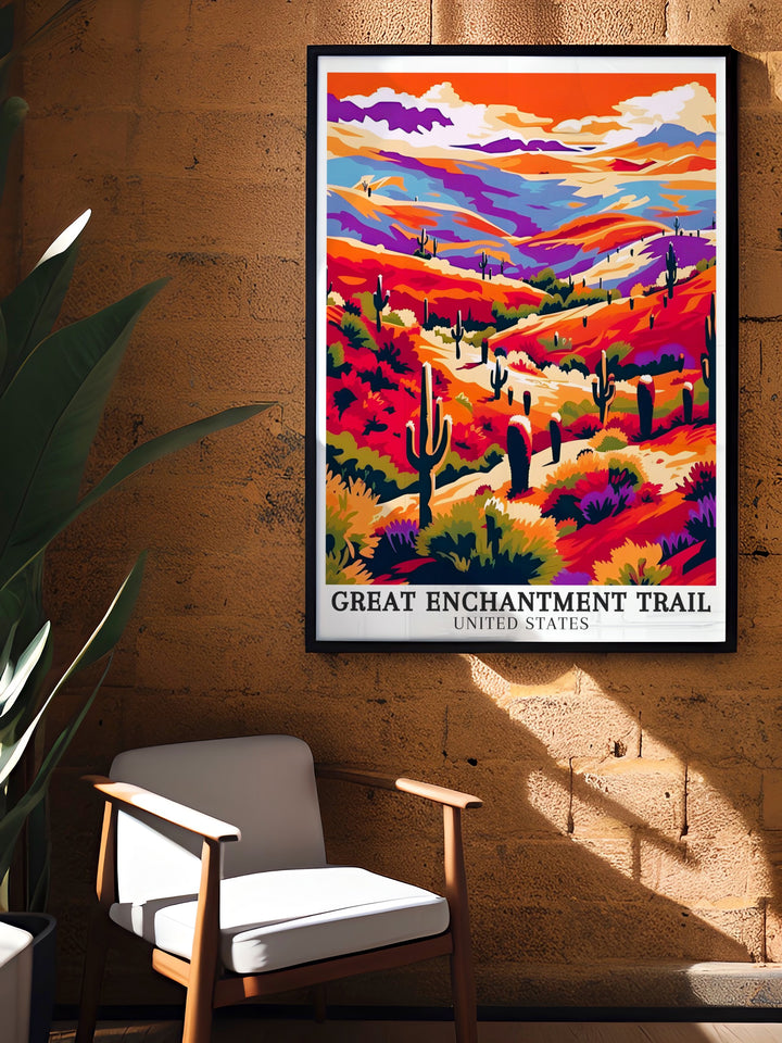 Saguaro National Park captivating views. Featuring detailed illustrations of Saguaro National Park and the Grand Enchantment Trail, these prints capture the essence of Arizonas natural beauty. Perfect for adding a touch of the great outdoors to your home.