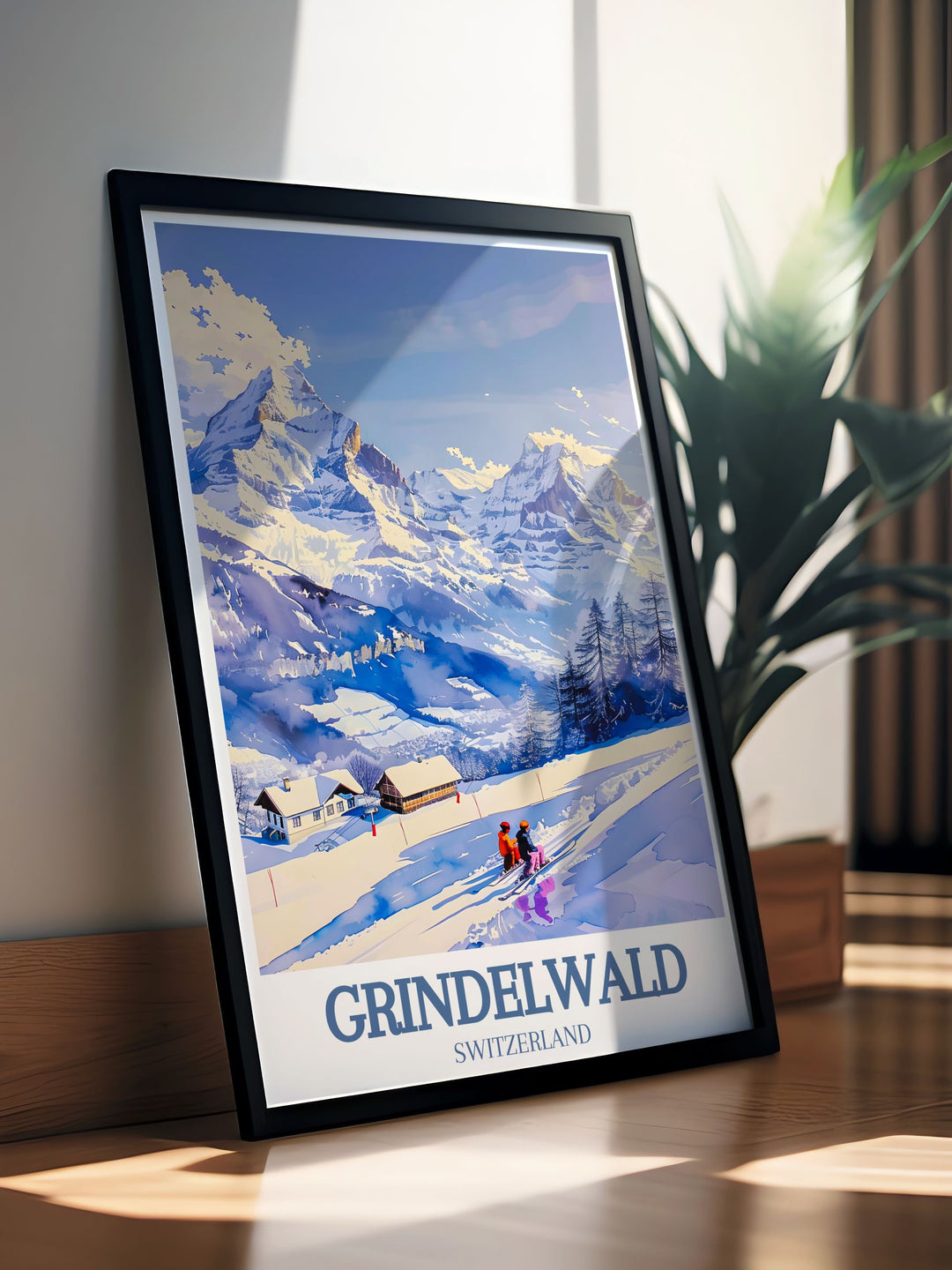 An intricate depiction of the Swiss Alps, this art print highlights the natural grandeur and serene beauty of Grindelwald, bringing the majestic scenery into your living space.