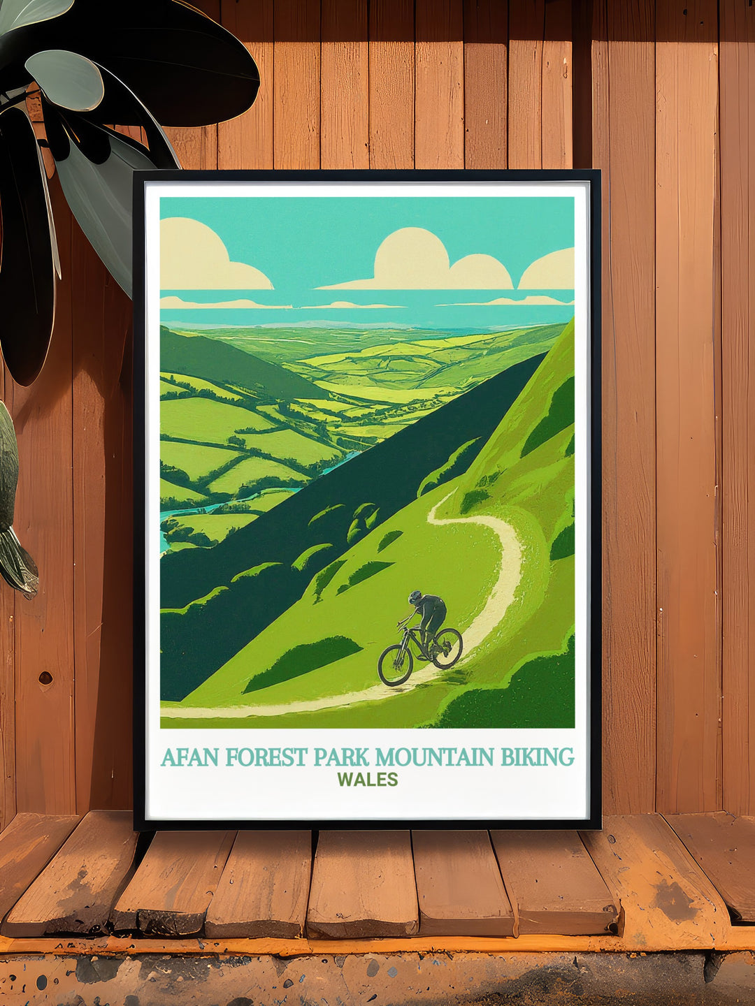 Afan Forest Park vintage poster illustrating the lush trails and scenic landscapes of the Skyline Trail, South Wales. A nostalgic piece for outdoor enthusiasts and cyclists who cherish the adventure of Wales MTB parks.