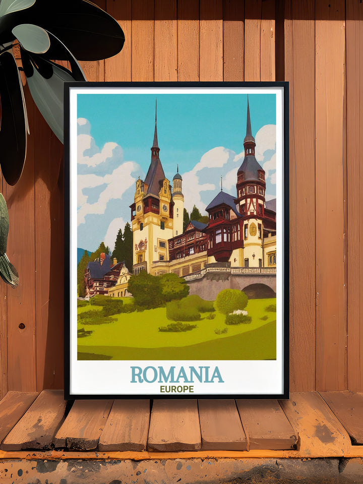 A high quality Romania travel print of Peleș Castle, capturing the beauty of its towering spires and lush surroundings. This wall art is perfect for fans of Transylvanian landmarks and makes a thoughtful gift for travelers and history enthusiasts.