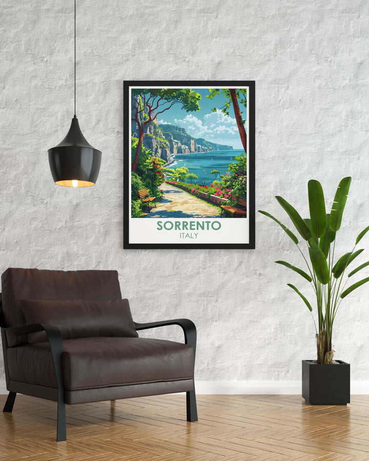 Villa Comunale Park prints capturing the peaceful atmosphere of Sorrento Italy with detailed artwork of lush green landscapes. Perfect as a thoughtful gift for travel enthusiasts this Italy travel print adds a touch of sophistication to any home decor.