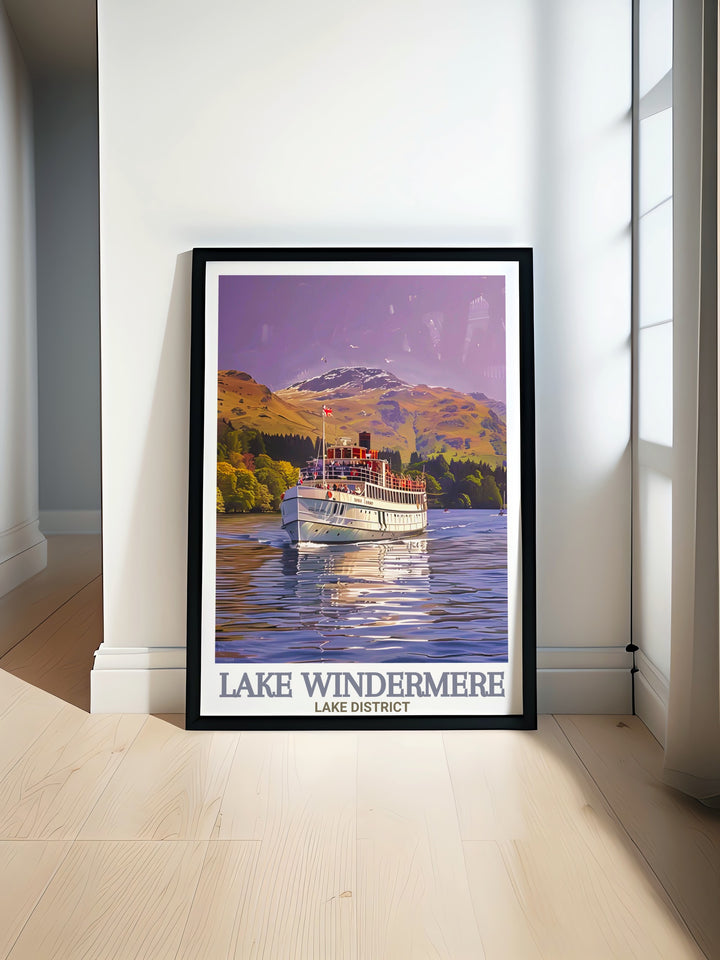 Windermere Lake Cruise Art Print highlights the tranquil waters of Lake Windermere, framed by the rolling hills of Cumbrias Lake District. This travel poster brings the serene beauty of the lake into your home, making it perfect for those who appreciate outdoor landscapes and adventure.