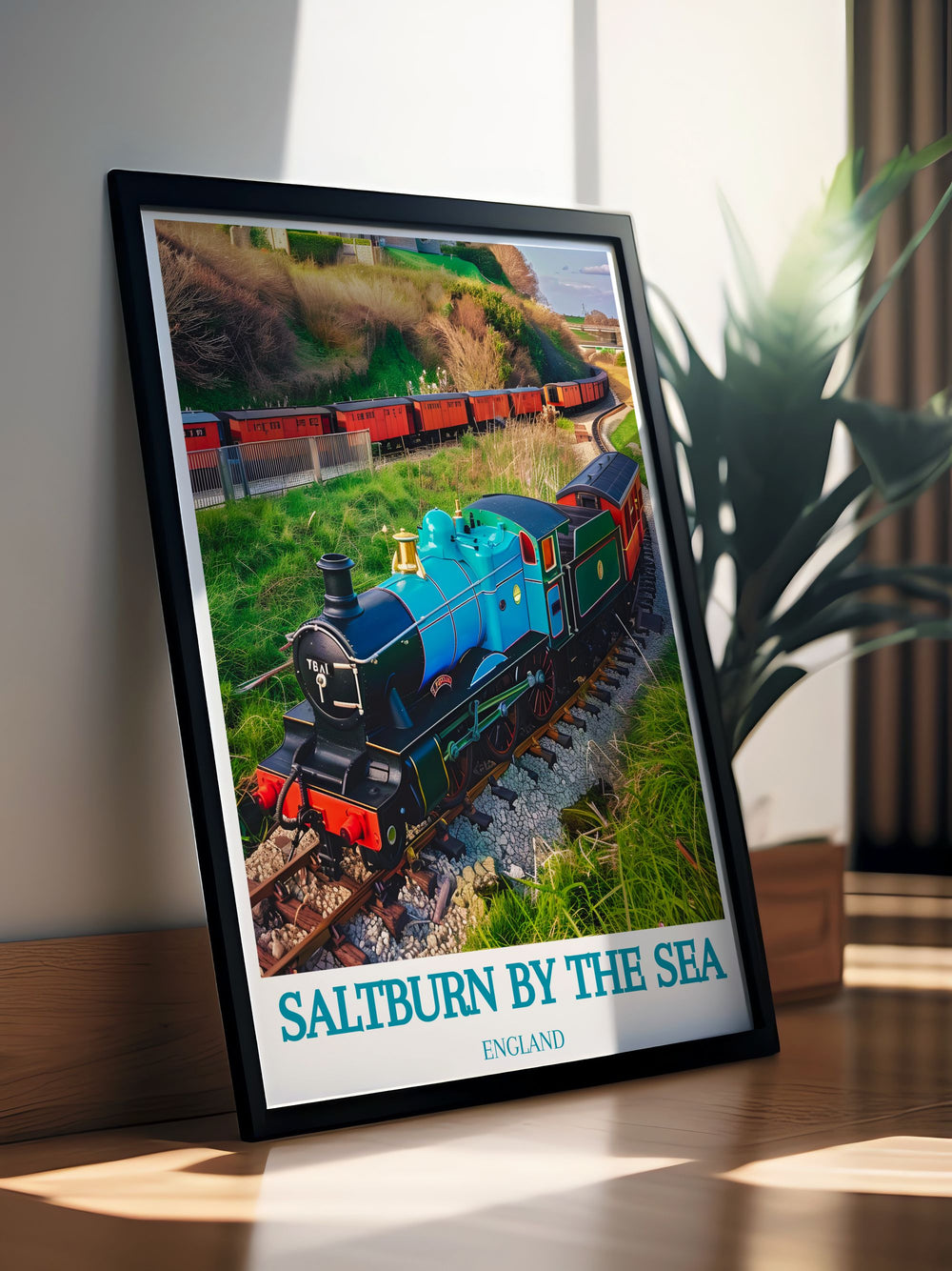 Saltburn by the Sea poster print showcasing Saltburn Miniature Railway with vibrant colors and intricate details of Saltburn Yorkshire landmarks including Saltburn Funicular and Hartlepool ideal for any room in your home