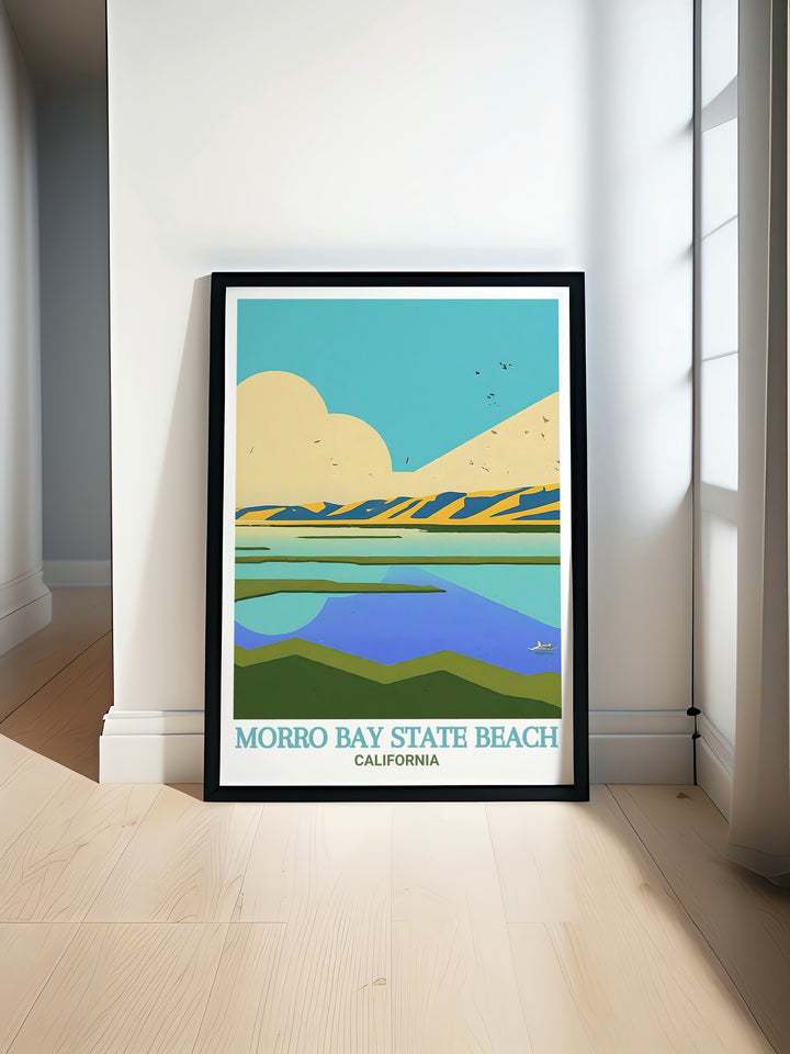 Bring the coastal charm of California into your home with this Morro Bay State Beach and Morro Bay Estuary travel print. The detailed artwork features the iconic landscapes of the region, capturing the serene beauty of the Pacific coast.