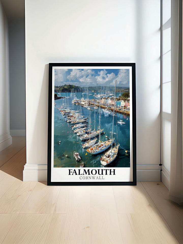 Falmouth Harbour travel poster featuring a picturesque view of the vibrant coastal town in Cornwall. Perfect for adding a touch of seaside charm to your home decor, this print captures the essence of Falmouth with its tranquil waters and bustling quayside.