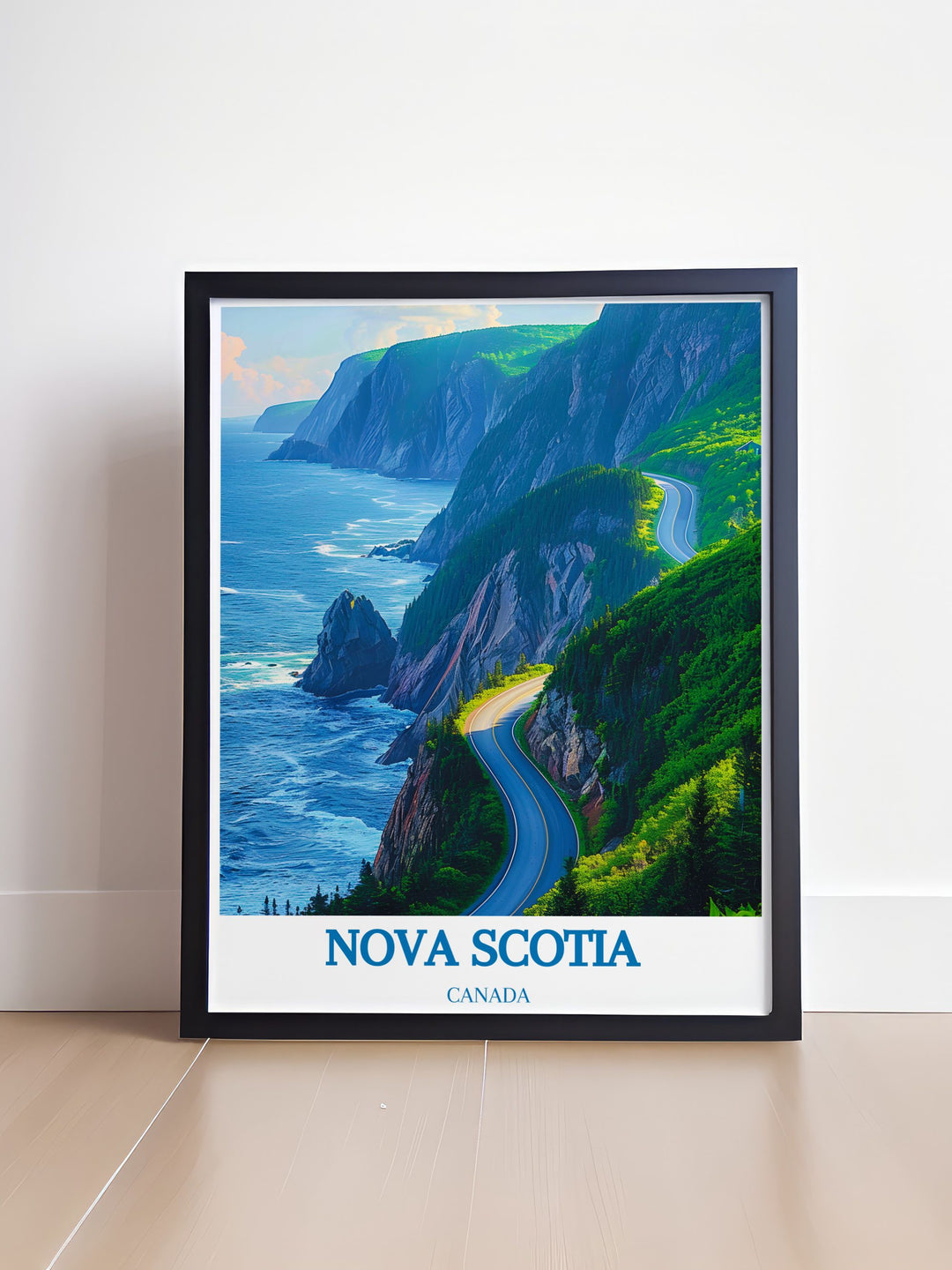 Cabot Trail travel poster capturing the stunning vistas of Nova Scotia. A perfect addition to home decor, this print brings the charm of Canadian landscapes into your living space.