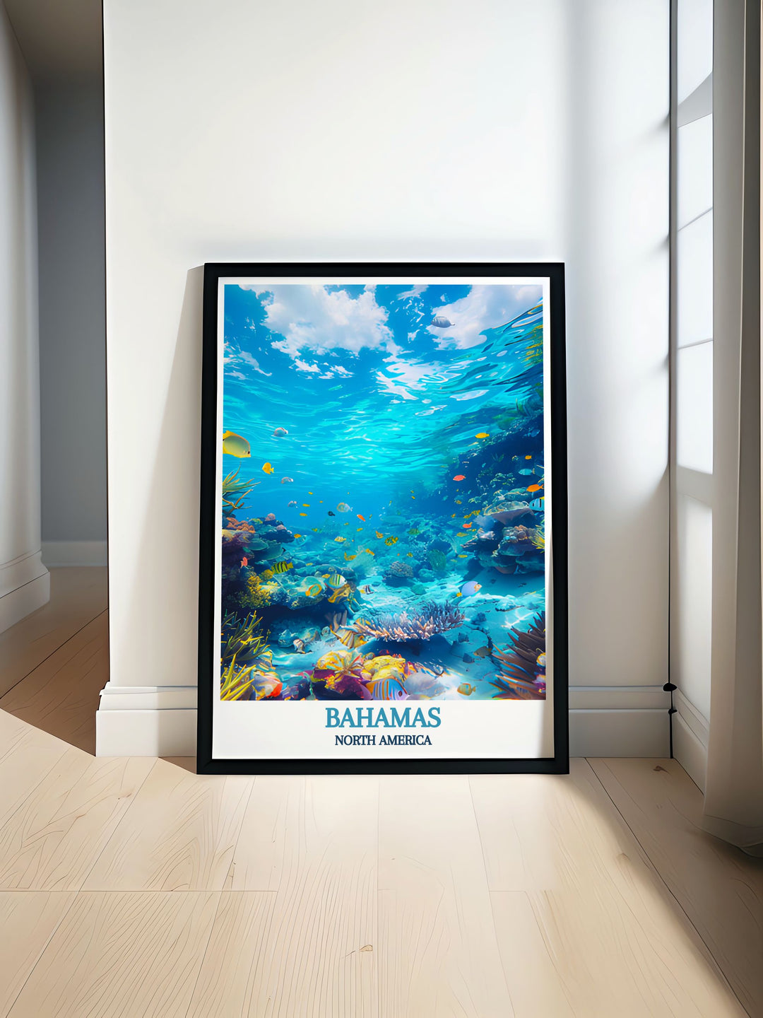 Wall art featuring the serene waters of Exuma Cays Land and Sea Park, perfectly capturing the vivid underwater ecosystem and vibrant coral reefs of the Bahamas.