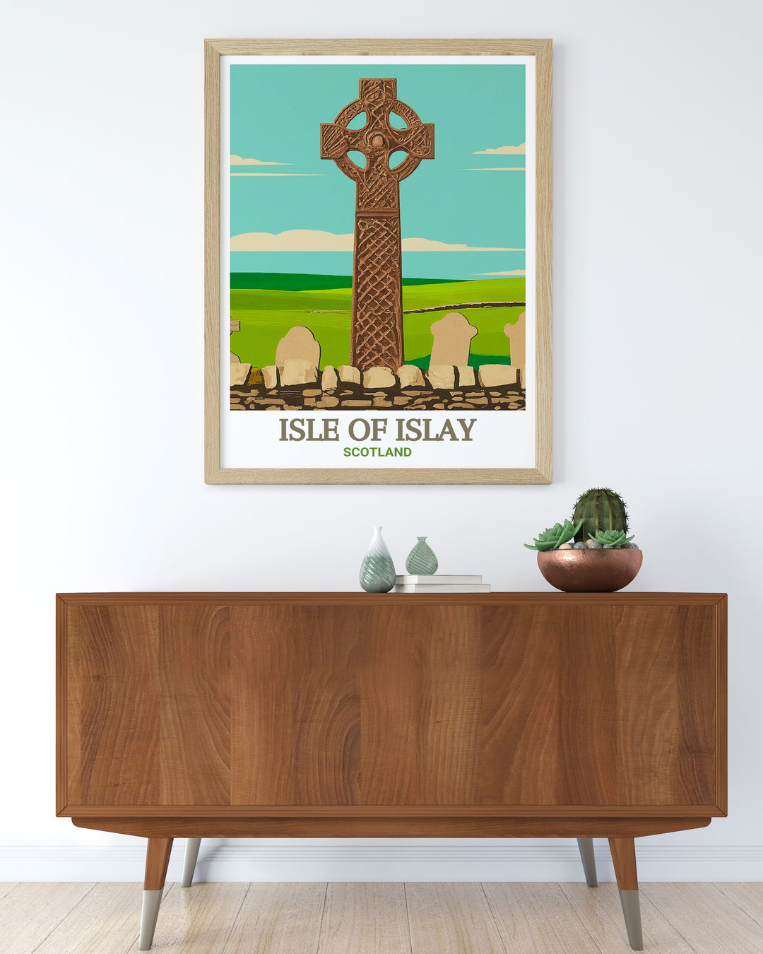 A travel poster of the Isle of Islay, focusing on the Kildalton Cross, an ancient monument that stands as a testament to Scotlands rich cultural heritage. This print is ideal for those who appreciate the timeless beauty of Scotlands historical sites.