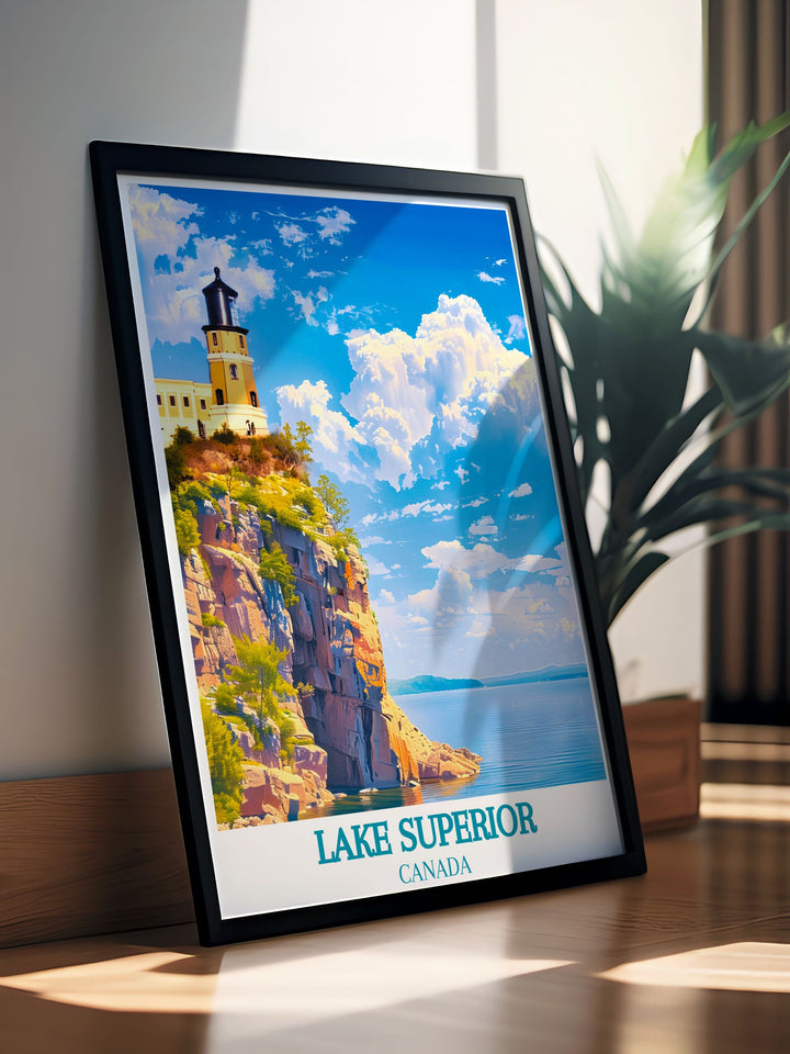 Travel poster of Lake Superior, capturing the serene beauty and vastness of the largest freshwater lake by surface area in the world, perfect for any decor.