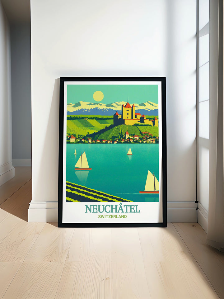 Beautiful Lake Neuchatel art print featuring the tranquil waters and scenic landscape of France. This France travel print brings a touch of elegance to any home decor, offering a modern and sophisticated wall hanging for lovers of travel and French culture.