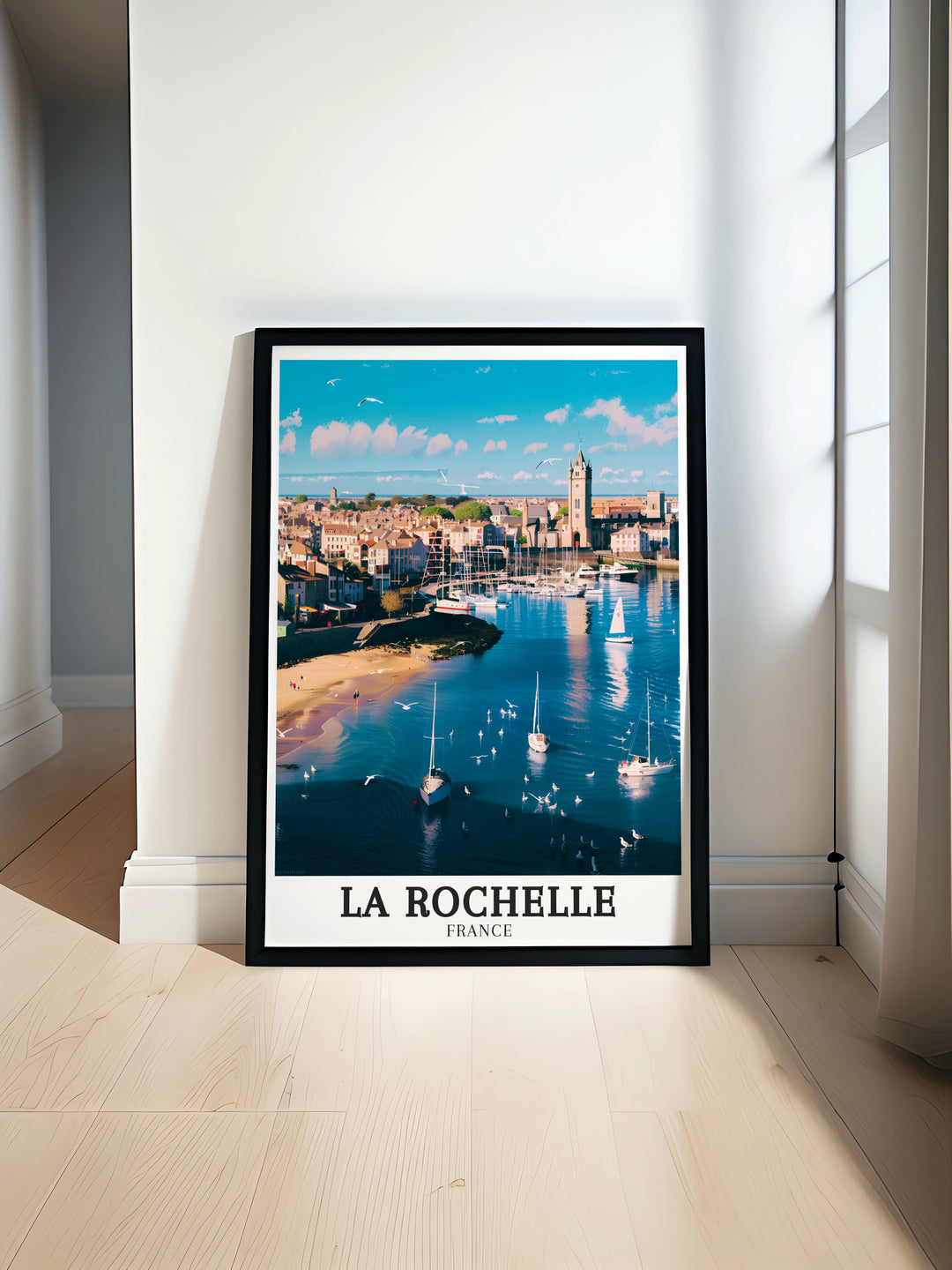 Vivid La Rochelle artwork showcasing the harmony between the bustling Old Port and the serene landscapes of Île de Ré. This France travel print offers a perfect blend of history and nature, making it a cherished piece for any home decor