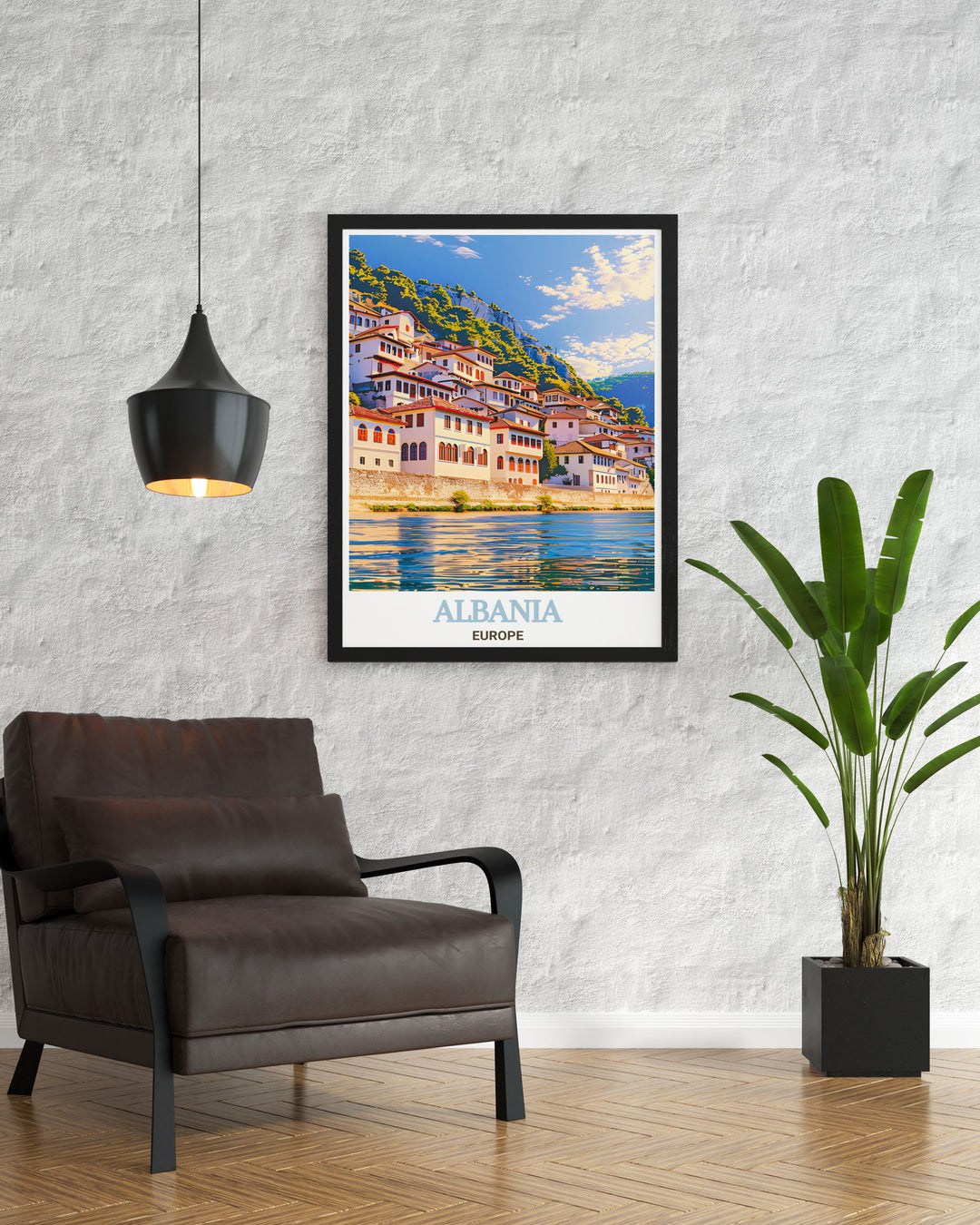 Modern Berat print showcasing intricate details and rich colors perfect for stylish living room decor or as an anniversary gift celebrating Albanias unique cultural heritage