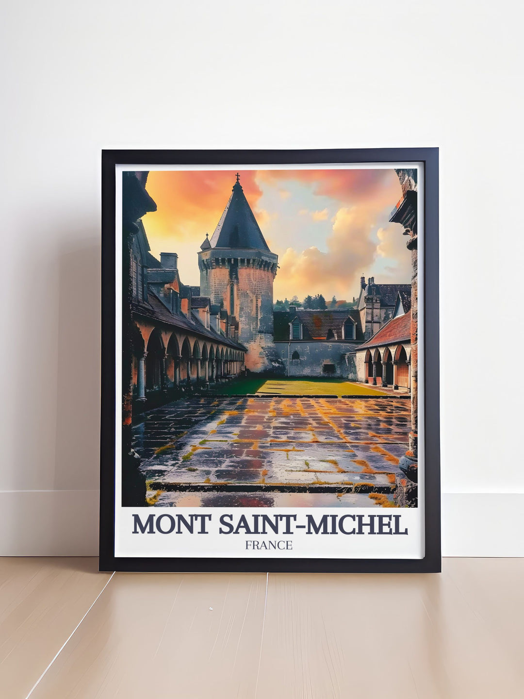 Stunning prints of Mont Saint Michel and The Abbey Courtyard bringing the timeless beauty of France into your home with elegant and modern decor perfect for living rooms bedrooms or offices.