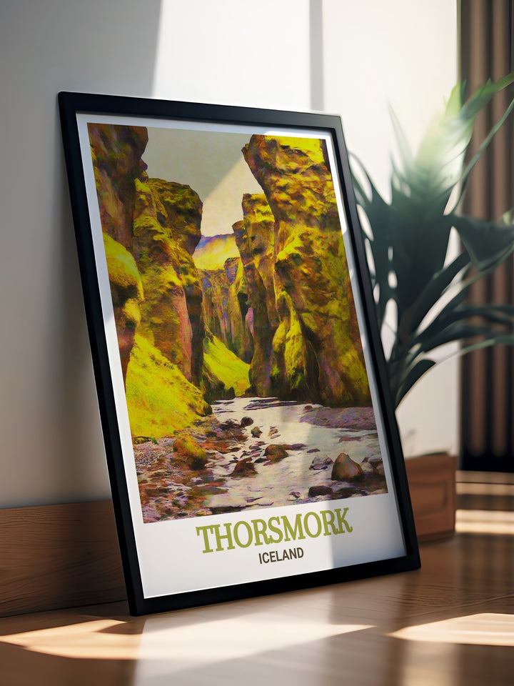 This artwork captures the lush greenery and towering cliffs of Thorsmork, along with the mysterious Stakkholtsgjá Canyon, making it a perfect addition to any home.