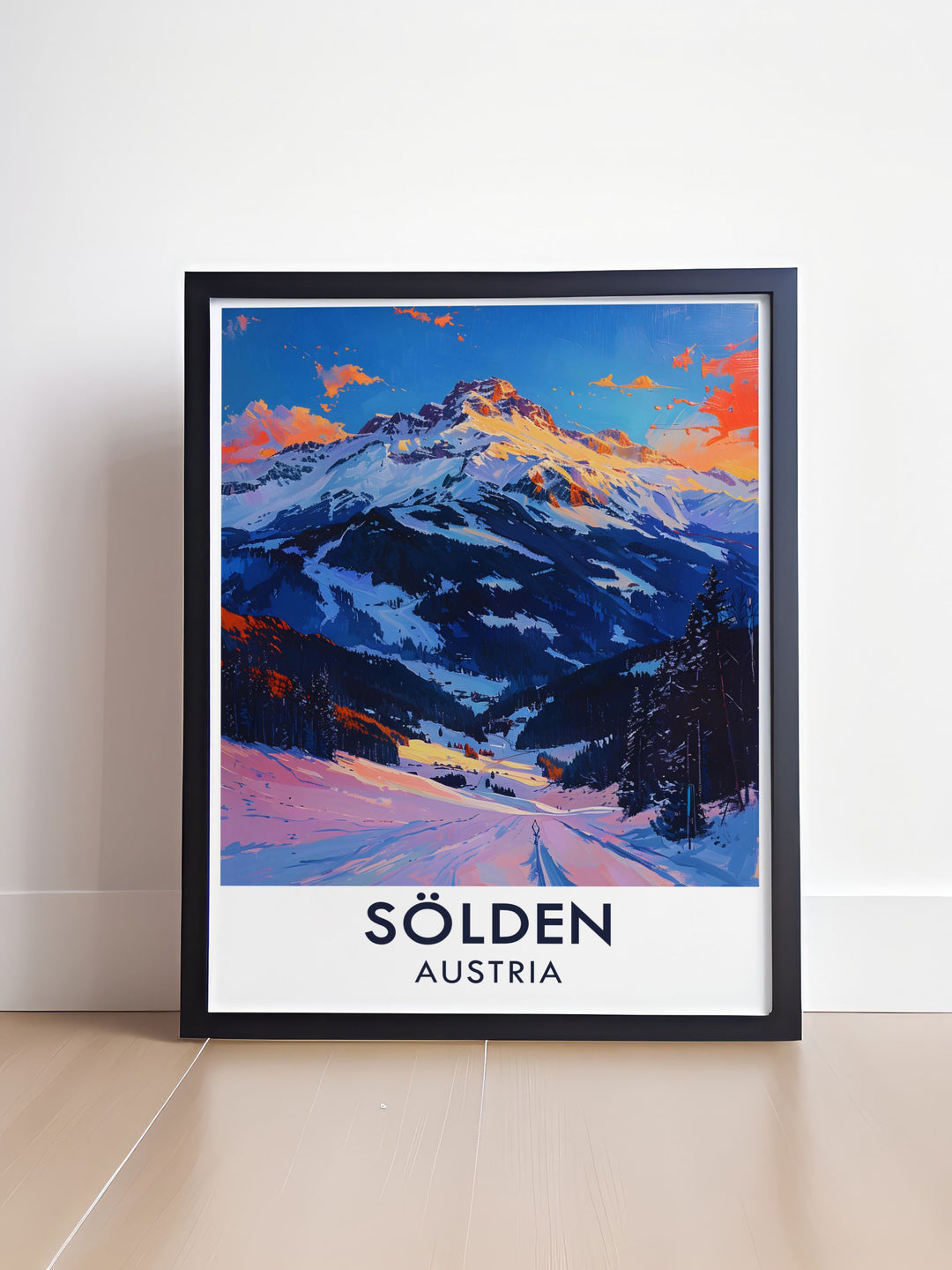 This Solden Snowboarding Art Print highlights the adventure and beauty of Solden Ski Resort with its vivid depiction of the slopes and the iconic Gaislachkogl Peak. A fantastic gift for snowboarding lovers or anyone who enjoys breathtaking alpine views.