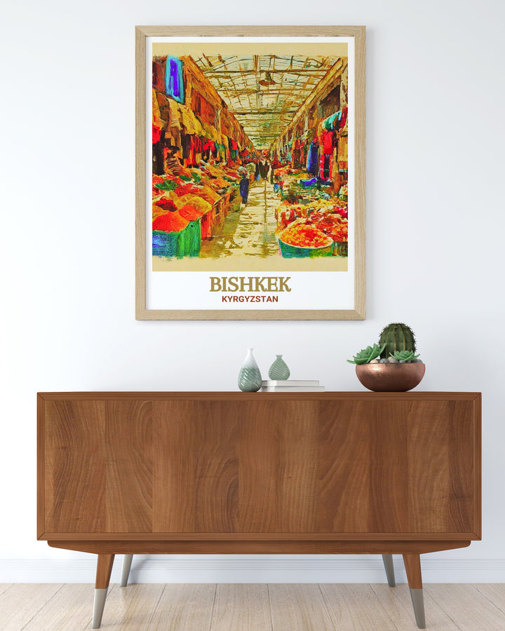 Kyrgyzstan Custom Print featuring Bishkeks Osh Bazaar is a personalized way to bring the energy and culture of Kyrgyzstan into your home decor. Perfect for art lovers and travelers, this print celebrates the beauty and history of the region.