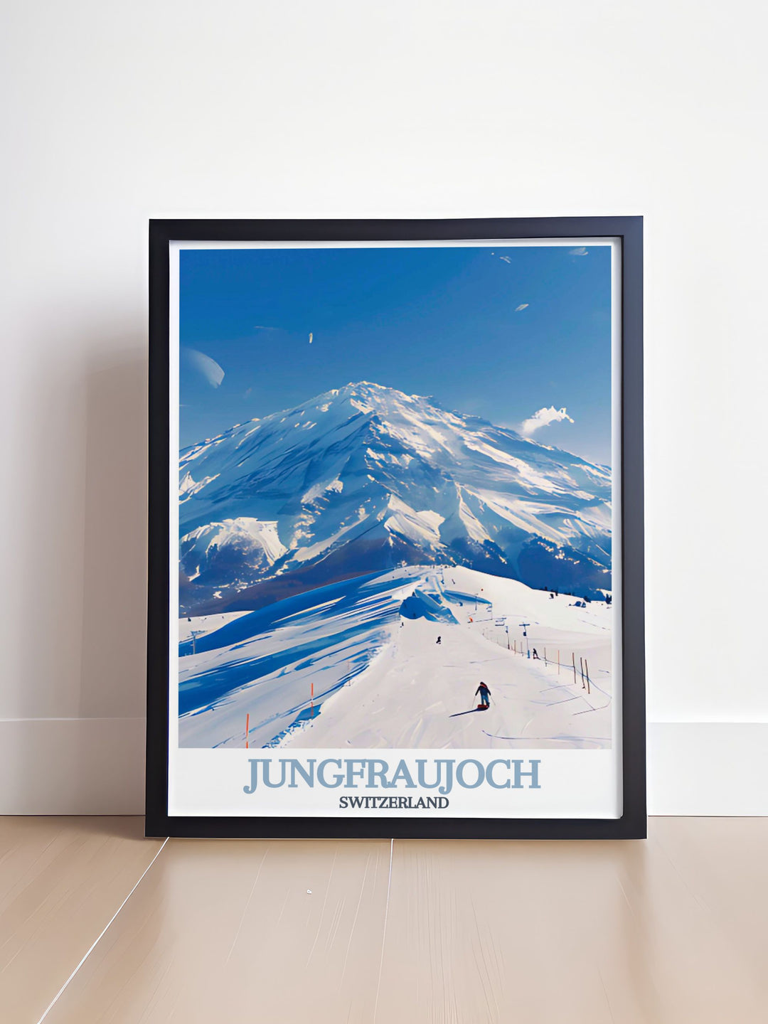 This Jungfraujoch poster print captures the scenic beauty of Switzerlands snow capped peaks and the thrilling adventures of Snow Fun Park. Perfect for winter sport enthusiasts and travelers, this print brings the Swiss Alps into your home décor.