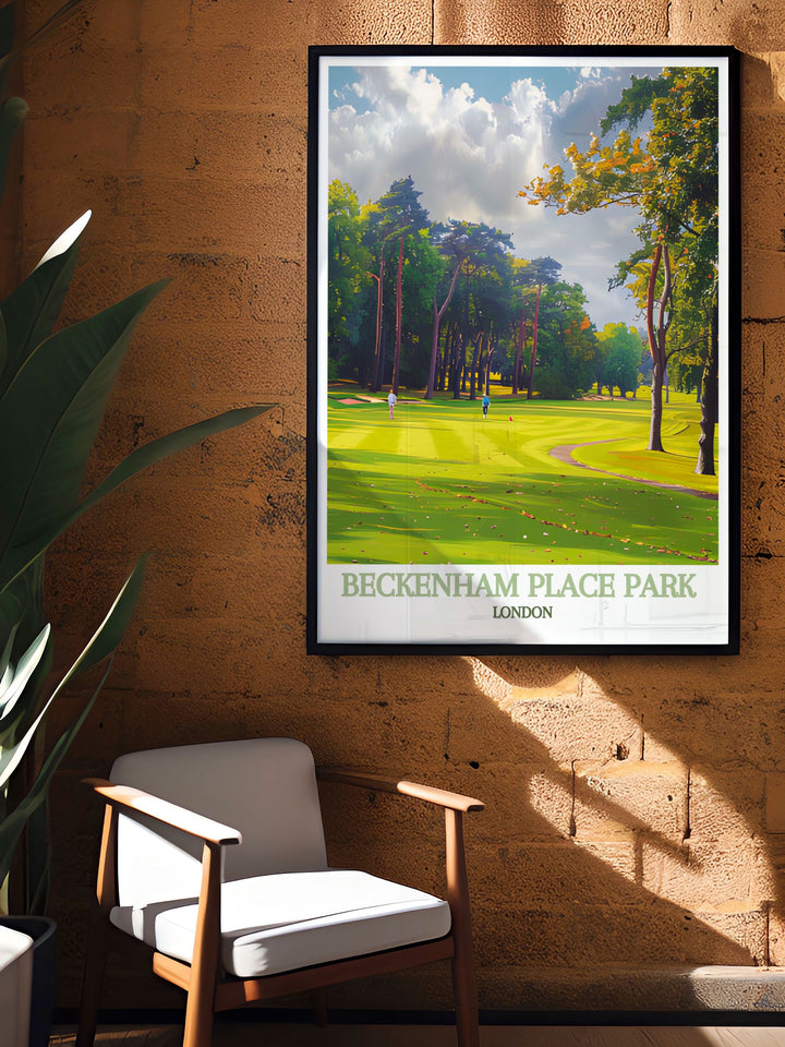 Travel print of Beckenham Place Parks serene pathways and majestic trees, offering a daily escape to one of Londons hidden gems, with detailed imagery and vibrant colors that create a harmonious and peaceful atmosphere in any living space.